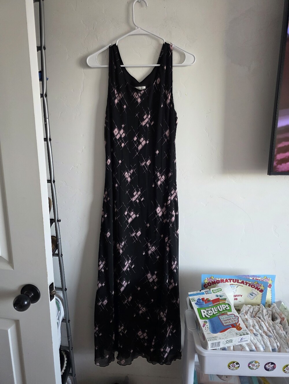 Sleeveless Black Maxi Dress with Pink Geometric Print